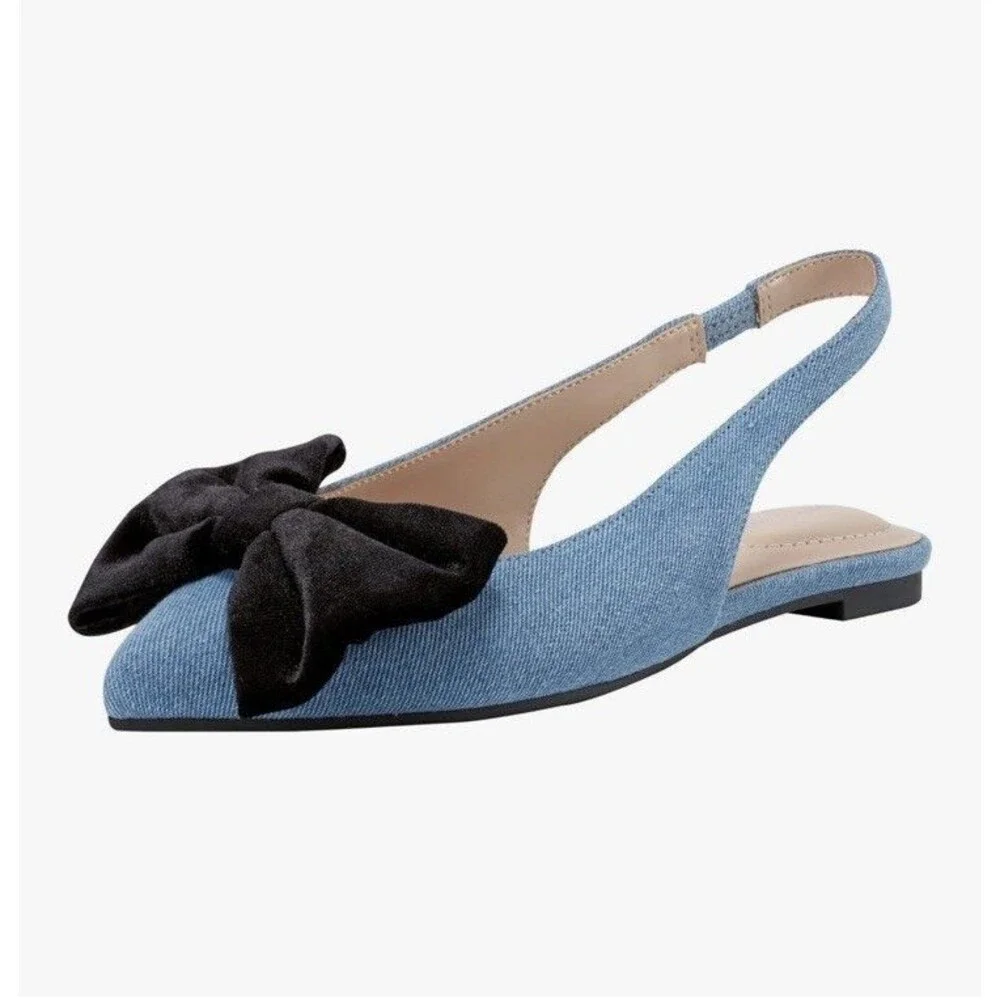 Bandolino Women's Simona Ballet Flat, Blue Denim/Black Velvet Bow 420 Size 6.5 M